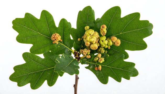 Oak leaf with galls caused by insects on a white background.