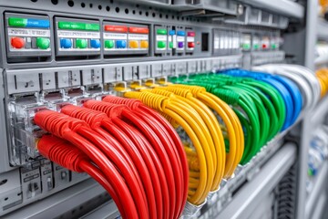 Network cables connecting server rack patch panel