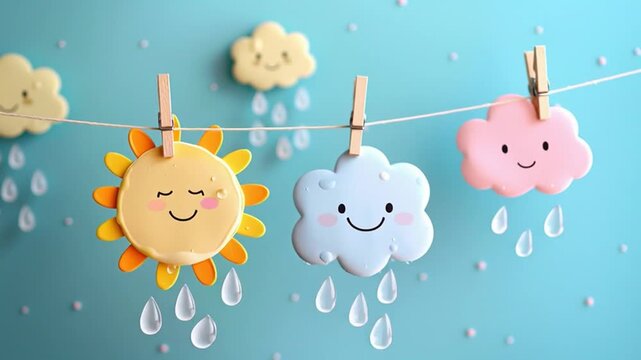 A video of a whimsical cloud and sun hanging on a rope with clothespins, creating a playful and dreamy scene with soft pastel colors.