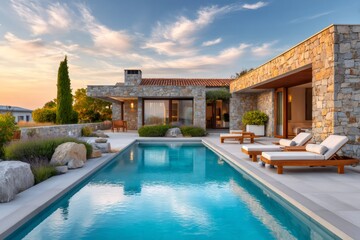 Fototapeta premium Luxury villa with swimming pool at sunset