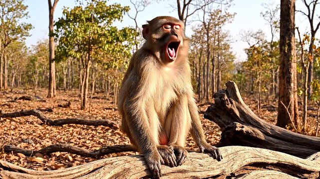 Macaque Monkey Sitting on Fallen Tree in Forest: Yawning Sequence, Nature, and Wildlife