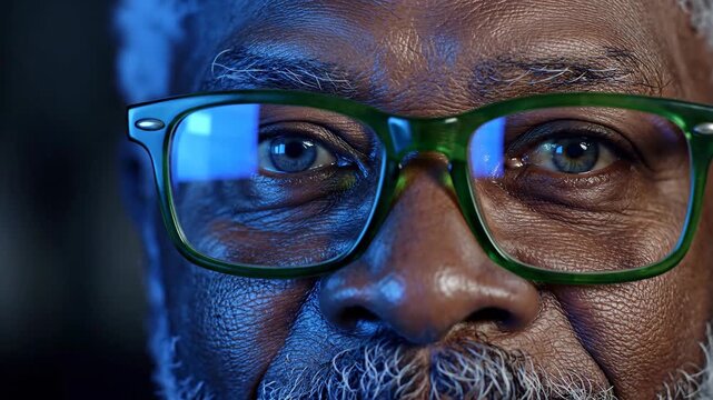 Close up of mans face with glasses in dark blue lighting