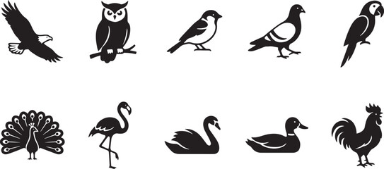 Fototapeta premium Set of 9 black and white bird silhouettes vector illustration flat design isolated on white background