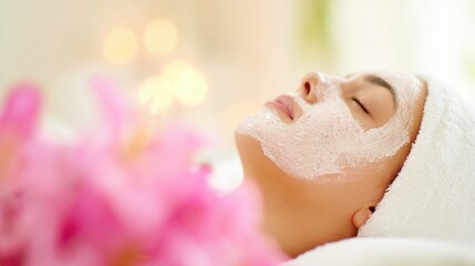 Naklejka premium Woman receiving facial treatment in spa with flowers in background