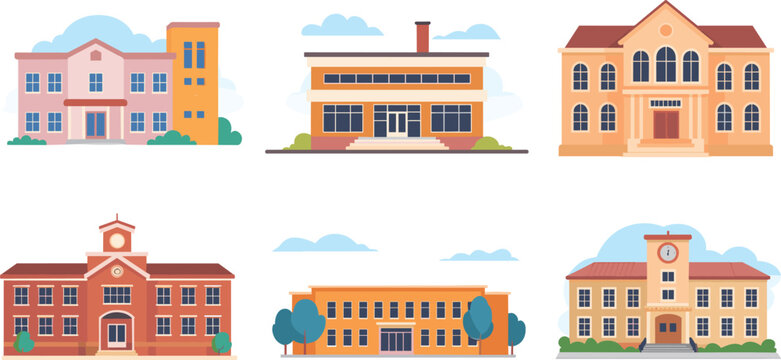 School building illustration, educational architecture set, cartoon campus design, diverse school styles, learning environment graphic, academic structure art, colorful institutions