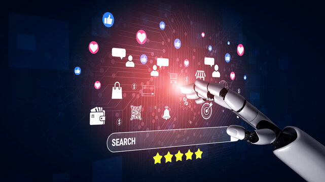 Futuristic Robotic Hand Interacting with Digital Icons and User Interface Elements Representing Technology and Social Media Engagement Quark.