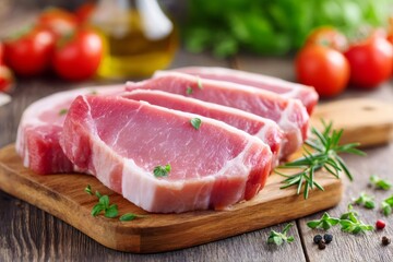 Raw pork chops on wooden cutting board preparing for cooking