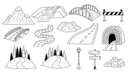 Hand-drawn road and landscape vector illustration set in black and white for maps, travel, and educational designs © Maslima