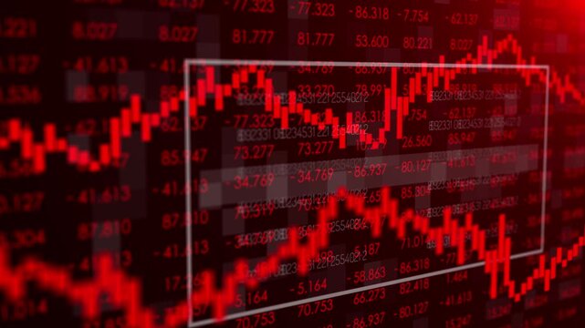 Red candles of the bearish stock market trading. Chart with falling prices. Exchange trading. Stop loss and liquidations. Decreasing trend and losses.