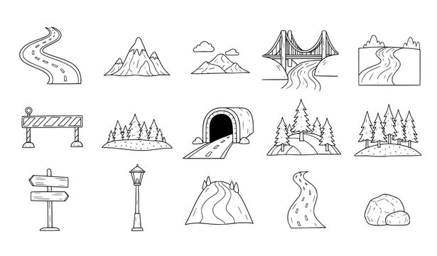 Hand-drawn black and white road and landscape vector elements for map creation, travel guides, and educational designs