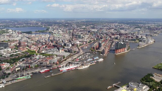 Aerial view from a tripod unique perspective over the city of Hamburg, Germany, showcasing Elbe river, port, Elbphilharmonie
