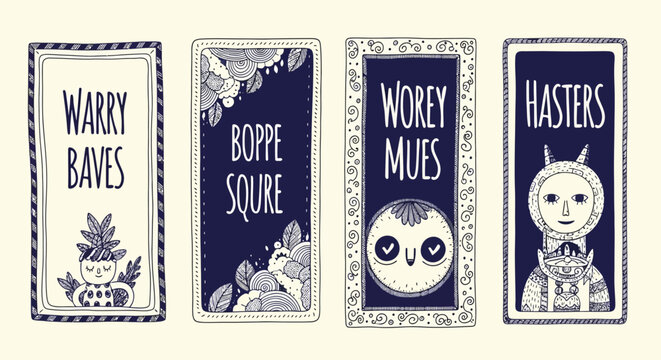 Illustrated labels for warning signs with bold typography and decorative elements displayed in a row