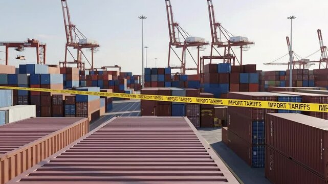 Container port scene with yellow caution tape and shipping containers highlighting import tariffs and global trade logistics