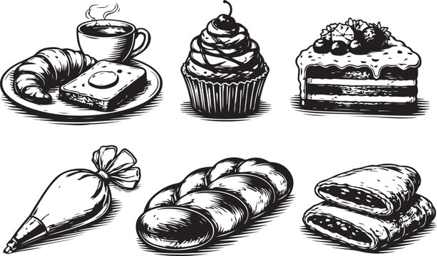 Adobe Illustrator Artwork Vintage Bakery and Breakfast Illustration Set - Hand Drawn Vector Icons of Cupcake, Cake Slice, Piping Bag, Braided Bread, and Coffee with Croissant.
