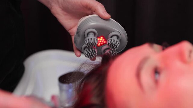 Person enjoying a head massage with an electric device during a beauty and spa treatment, promoting relaxation and hair growth. Caucasian woman at Japanese SPA salon