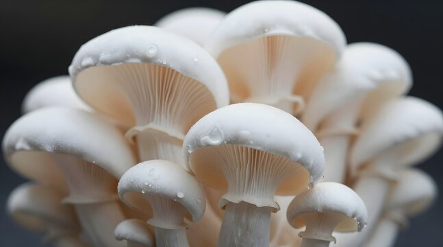 Pleurotus ostreatus exhibits multiple white fruiting bodies with a blurred dark background