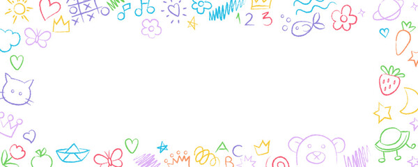 Hand drawn kids doodle frame with playful sketches in crayon style. Cute child kindergarten drawing border. Wax texture background. Playful chalk paint art.