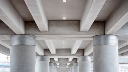 Modern industrial construction, detail concrete columns and beams, symmetrical composition, clean tones