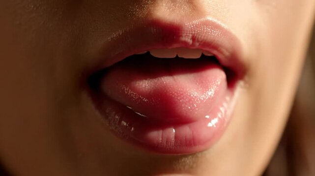 A healthy tongue resting gently inside a soft-open mouth, showing moist pink surface and natural texture