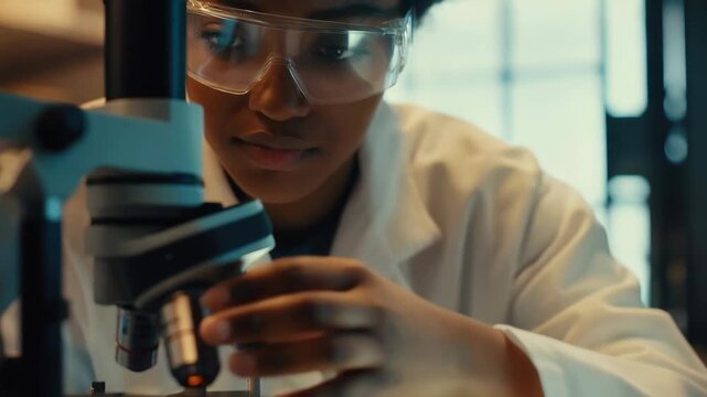Scientist focuses intently while examining samples through a microscope in laboratory setting, videos of a scientist looking through a microscope