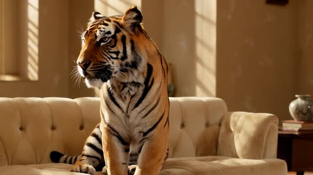 Majestic tiger resting indoors on luxurious sofa in elegant living room setting