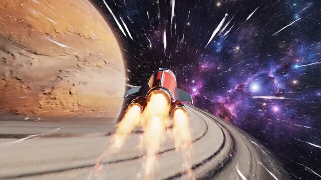 Red rocket ship ascending through a starry cosmic space exploration