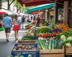 Obraz premium Lively outdoor market with fresh fruits, vegetables