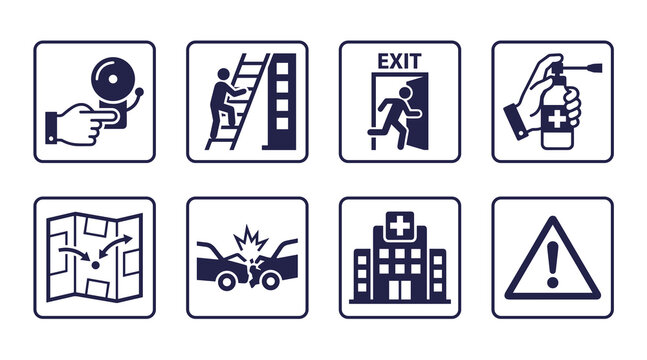 Collection of flat vector icons representing emergency procedures safety equipment evacuation routes medical assistance and accident warning signs for public information