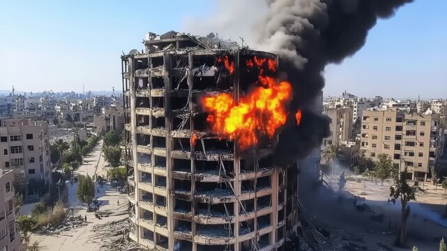 Destruction of apartment towers after fire in urban area, Apartment towers and apartment buildings destroyed and burning because of bombings and airstrikes