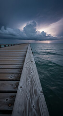 Fototapeta premium Perspective of a wooden pier leading into sea with lightning in distance, symbolizing power and nature's unpredictability, creating a sense of awe