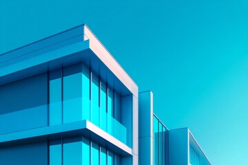 Obraz premium Modern geometric building structure contrasts sharply against a bright cyan sky