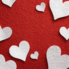 White Paper Hearts on Red Textured Background