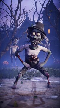 Halloween party: Funny zombies dancing in a scary gothic cemetery. 3D animated background for holiday cards, invitations, posters, events, and parties.