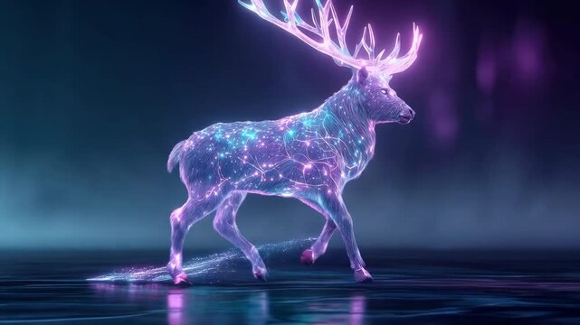 Neon holographic stag walking in mist with glowing antlers and particle trails on reflective floor