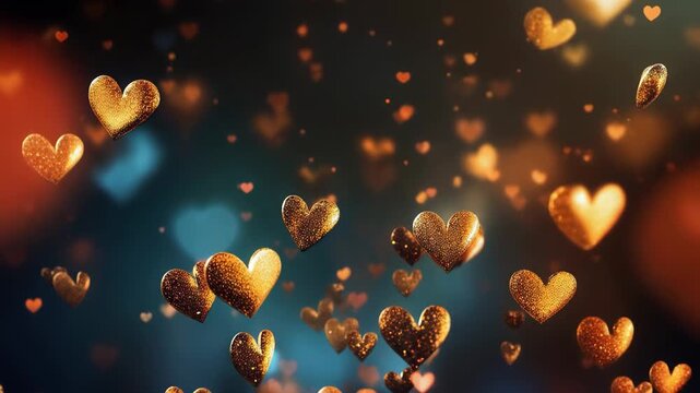 Random movement of glittering hearts against a dark background creating a whimsical atmosphere, hearts moving randomly on a dark background