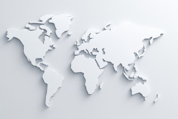 Obraz premium Embossed 3D world map with white continents on light gray background. Minimalist geographic rendering for global education, business, or editorial use. Clean and modern abstract illustration.