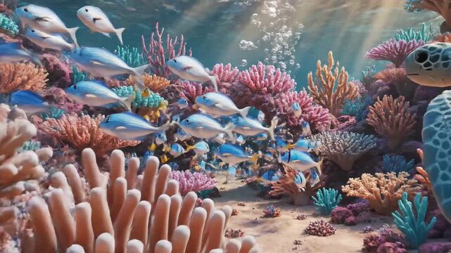 Underwater scene depicting sea turtles coral reefs and tropical fish