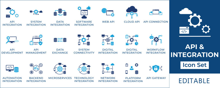 API and integration icon set featuring system connectivity, data exchange, software integration, cloud API, microservices, backend development, and automation workflow symbols.