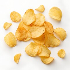 A delicious and crispy pile of golden potato chips white background