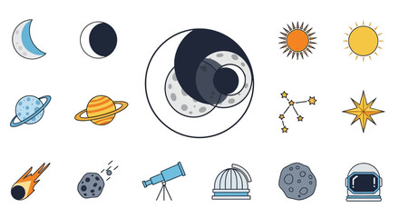 Collection of Hand-Drawn Space and Astronomy Icons with Celestial Bodies and Scientific Instruments. © ryu