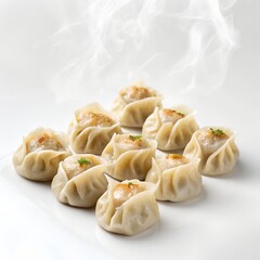 Steamed dumplings with savory filling on a white background