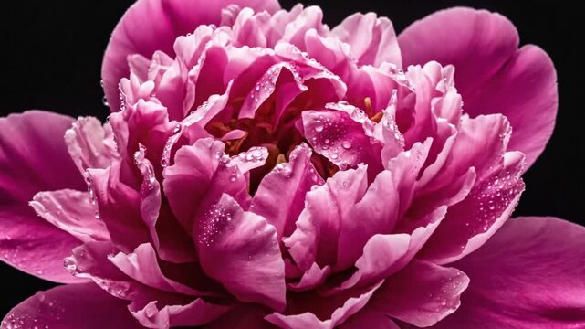 Close up of a vibrant pink peony flower with water droplets against black