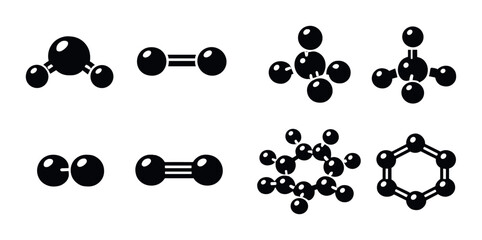 Black molecular structures on gray background: chemical models and molecular geometry