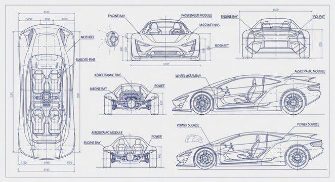 Car Blueprint Technical Drawing Automotive Design.