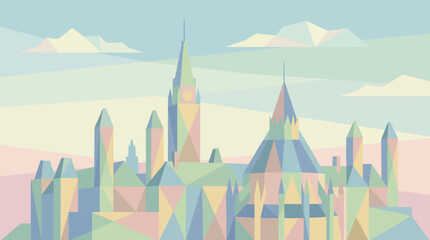 Fototapeta premium Pastel colored futuristic cityscape with geometric buildings and spires.