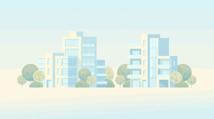 Illustration of modern cityscape with buildings and trees.