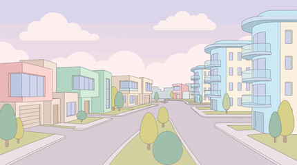 Colorful cartoon illustration of a suburban street with modern buildings and greenery.
