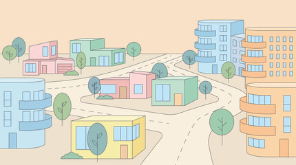Colorful cartoon houses and buildings in a vibrant neighborhood.