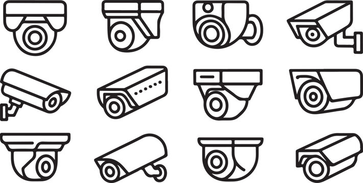 A collection of diverse security camera icons in outline style, depicting various surveillance devices Vector