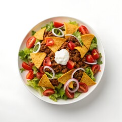 Delicious taco salad with fresh lettuce, juicy tomatoes, crunchy tortilla chips, and savory ground beef white background